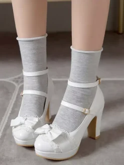 Sweet Lolita Chaussures Bow Lace Synthétique Plate-forme en cuir Synthétique Chunky Heel Lolita Shoes Déguisements Halloween