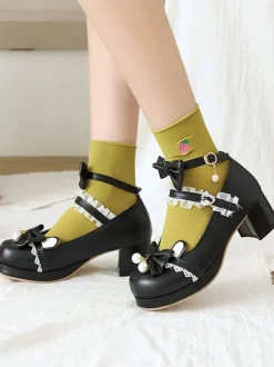Sweet Lolita Chaussures Noir Bowknot PU Cuir Daily Casual Lolita Chaussures