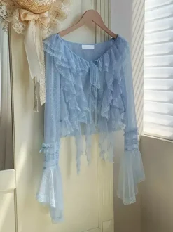 Sweet Lolita Cover-ups Haut en dentelle à volants violets Cache-maillot en polyester à pois Vêtements d'extérieur Lolita
