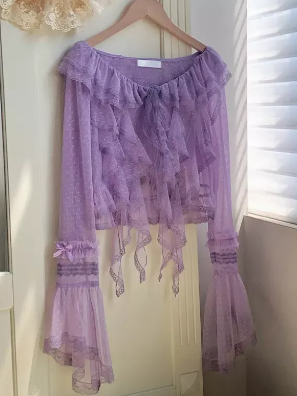 Sweet Lolita Cover-ups Haut en dentelle à volants violets Cache-maillot en polyester à pois Vêtements d'extérieur Lolita