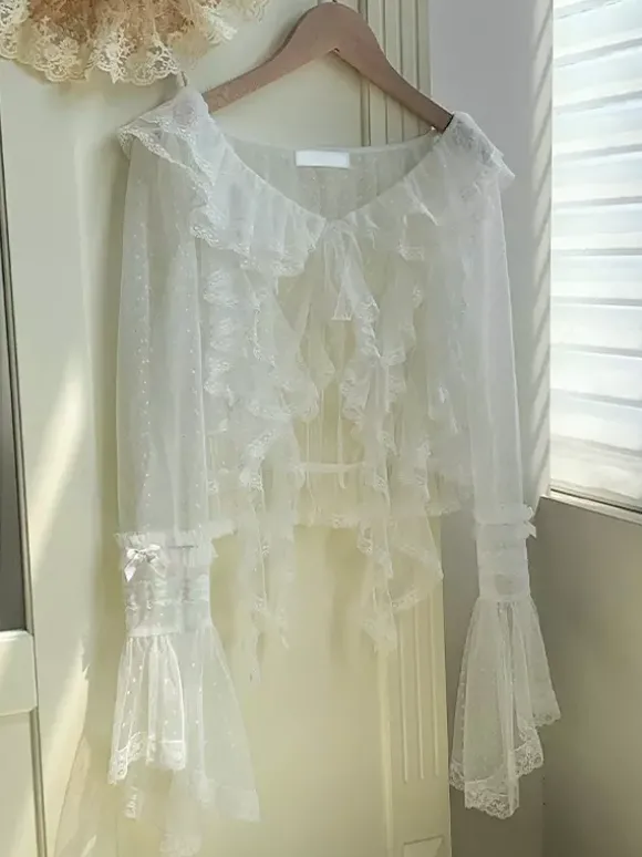 Sweet Lolita Cover-ups Haut en dentelle à volants violets Cache-maillot en polyester à pois Vêtements d'extérieur Lolita