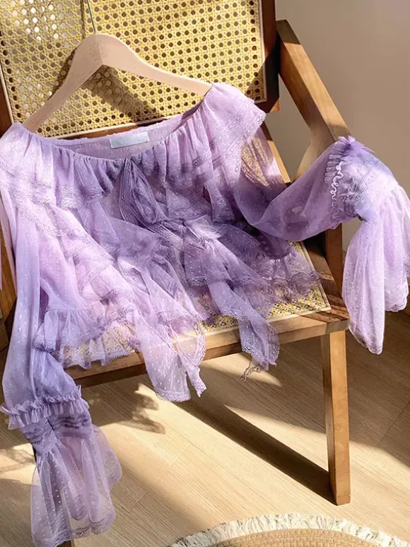 Sweet Lolita Cover-ups Haut en dentelle à volants violets Cache-maillot en polyester à pois Vêtements d'extérieur Lolita