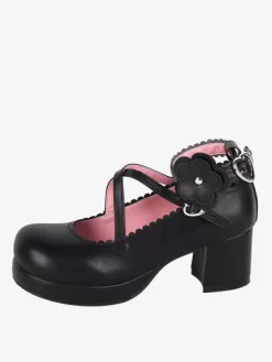 Sweet Lolita Footwear Chaussures Lolita en cuir PU à bout rond et n艙ud noir