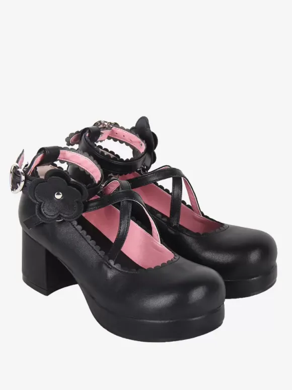 Sweet Lolita Footwear Chaussures Lolita en cuir PU à bout rond et n艙ud noir