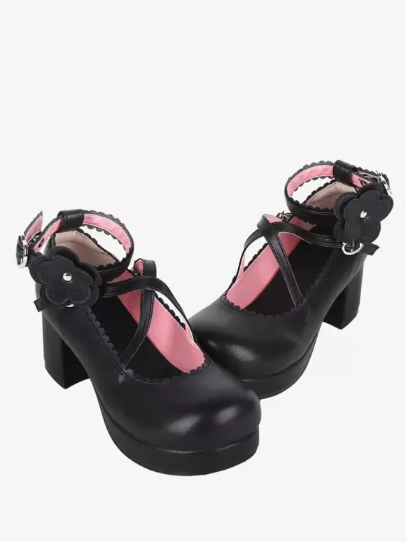 Sweet Lolita Footwear Chaussures Lolita en cuir PU à bout rond et n艙ud noir