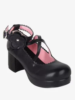 Sweet Lolita Footwear Chaussures Lolita en cuir PU à bout rond et n艙ud noir
