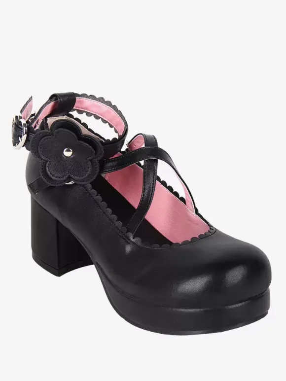 Sweet Lolita Footwear Chaussures Lolita en cuir PU à bout rond et n艙ud noir