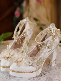 Sweet Lolita Footwear Ecru Blanc N艙uds Fleurs Dentelle PU Cuir Chunky Talon Escarpins Lolita