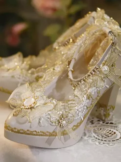 Sweet Lolita Footwear Ecru Blanc N艙uds Fleurs Dentelle PU Cuir Chunky Talon Escarpins Lolita