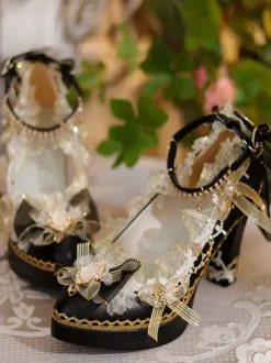 Sweet Lolita Footwear Ecru Blanc N艙uds Fleurs Dentelle PU Cuir Chunky Talon Escarpins Lolita
