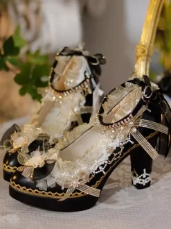 Sweet Lolita Footwear Ecru Blanc N艙uds Fleurs Dentelle PU Cuir Chunky Talon Escarpins Lolita