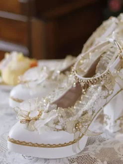 Sweet Lolita Footwear Ecru Blanc N艙uds Fleurs Dentelle PU Cuir Chunky Talon Escarpins Lolita