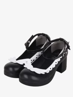 Sweet Lolita Footwear Escarpins Lolita à talons épais en cuir PU avec n艙uds blancs