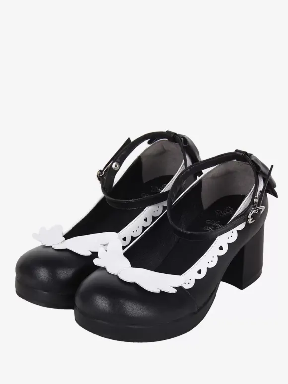 Sweet Lolita Footwear Escarpins Lolita à talons épais en cuir PU avec n艙uds blancs