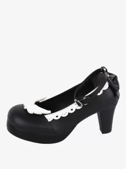Sweet Lolita Footwear Escarpins Lolita à talons épais en cuir PU avec n艙uds blancs
