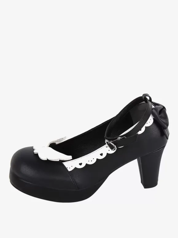Sweet Lolita Footwear Escarpins Lolita à talons épais en cuir PU avec n艙uds blancs