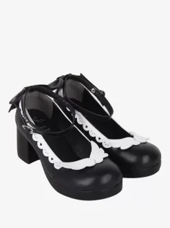 Sweet Lolita Footwear Escarpins Lolita à talons épais en cuir PU avec n艙uds blancs
