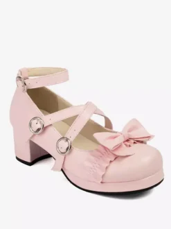 Sweet Lolita Footwear - Escarpins Lolita à talons épais en cuir PU avec n艙uds roses