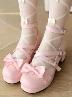 Sweet Lolita Footwear - Escarpins Lolita à talons épais en cuir PU avec n艙uds roses