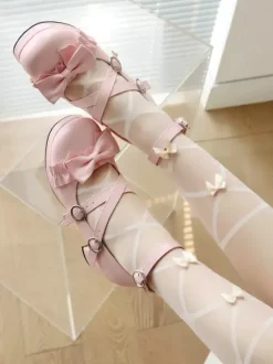 Sweet Lolita Footwear - Escarpins Lolita à talons épais en cuir PU avec n艙uds roses