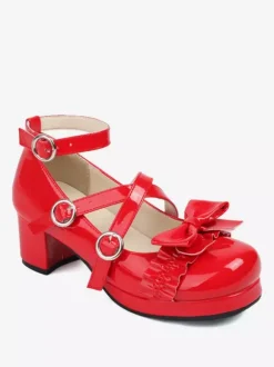 Sweet Lolita Footwear - Escarpins Lolita à talons épais en cuir PU avec n艙uds roses