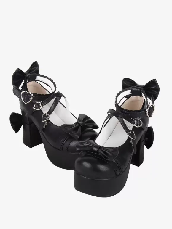 Sweet Lolita Footwear Escarpins Lolita en cuir PU à bout rond et n艙uds noirs