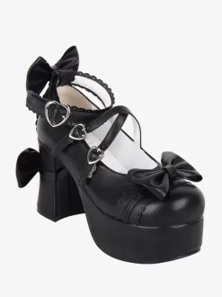 Sweet Lolita Footwear Escarpins Lolita en cuir PU à bout rond et n艙uds noirs