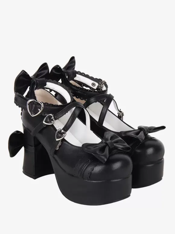 Sweet Lolita Footwear Escarpins Lolita en cuir PU à bout rond et n艙uds noirs