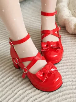 Sweet Lolita Footwear Escarpins Lolita en cuir PU à bout rond avec n艙uds blancs
