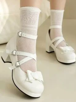 Sweet Lolita Footwear Escarpins Lolita en cuir PU à bout rond avec n艙uds blancs