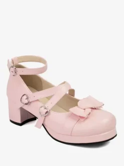 Sweet Lolita Footwear Escarpins Lolita en cuir PU à bout rond avec n艙uds blancs