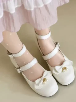 Sweet Lolita Footwear Escarpins Lolita en cuir PU à bout rond et n艙uds noirs