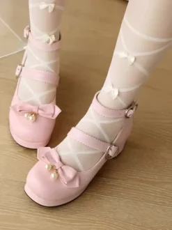 Sweet Lolita Footwear Escarpins Lolita en cuir PU à bout rond et n艙uds noirs