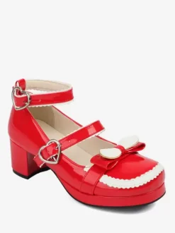 Sweet Lolita Footwear Escarpins Lolita à talons épais en cuir PU avec n艙uds rouges