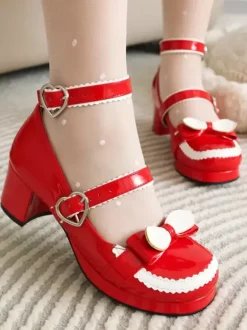 Sweet Lolita Footwear Escarpins Lolita à talons épais en cuir PU avec n艙uds rouges