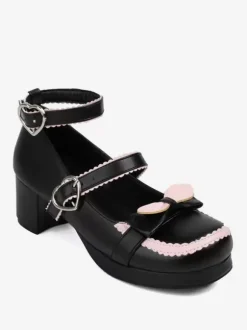 Sweet Lolita Footwear Escarpins Lolita à talons épais en cuir PU avec n艙uds rouges