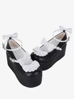 Sweet Lolita Footwear Escarpins Lolita à talons compensés en cuir PU bicolore avec papillon noir