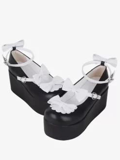 Sweet Lolita Footwear Escarpins Lolita à talons compensés en cuir PU bicolore avec papillon noir