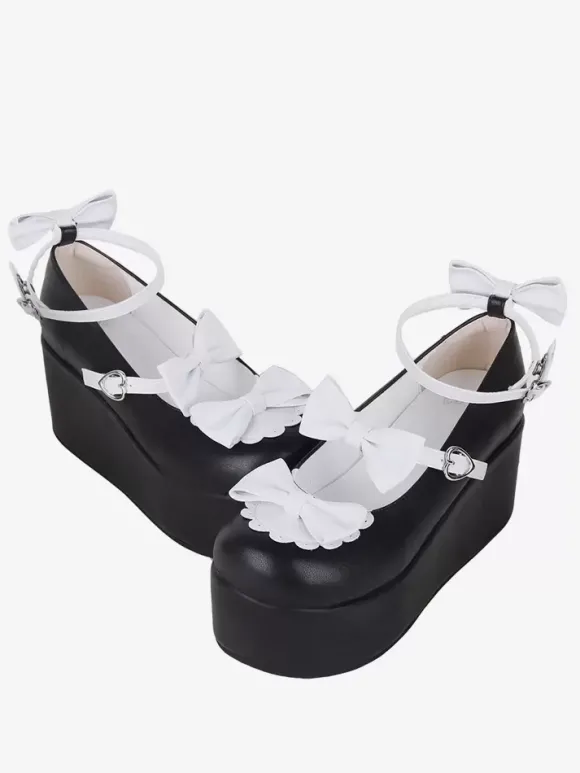 Sweet Lolita Footwear Escarpins Lolita à talons compensés en cuir PU bicolore avec papillon noir