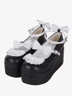 Sweet Lolita Footwear Escarpins Lolita à talons compensés en cuir PU bicolore avec papillon noir