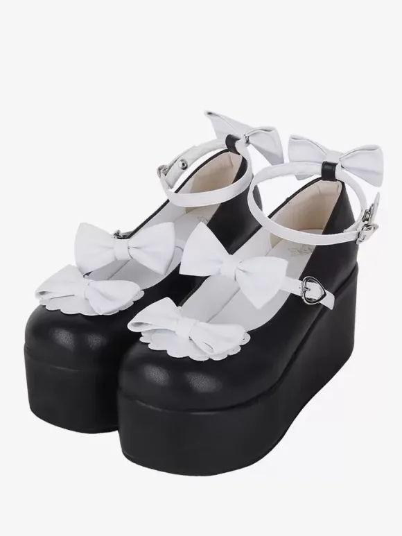 Sweet Lolita Footwear Escarpins Lolita à talons compensés en cuir PU bicolore avec papillon noir