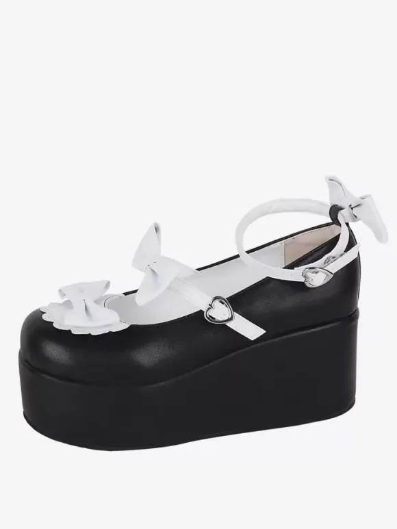 Sweet Lolita Footwear Escarpins Lolita à talons compensés en cuir PU bicolore avec papillon noir