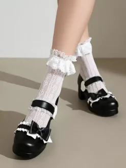 Sweet Lolita Footwear - Escarpins Lolita en cuir PU à bout rond et à volants roses