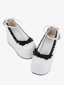 Sweet Lolita Footwear Escarpins Lolita en cuir PU à bout rond et papillon bicolore blanc
