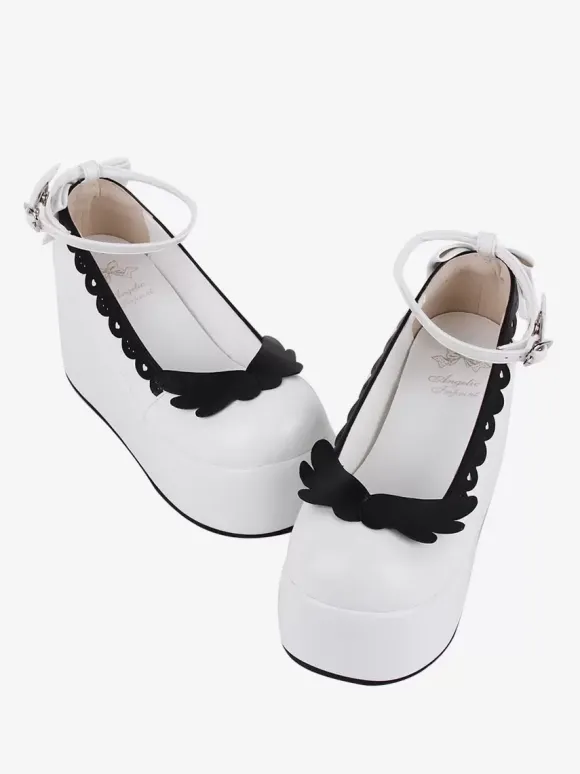 Sweet Lolita Footwear Escarpins Lolita en cuir PU à bout rond et papillon bicolore blanc