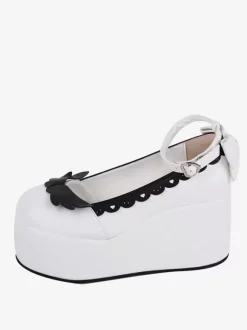 Sweet Lolita Footwear Escarpins Lolita en cuir PU à bout rond et papillon bicolore blanc