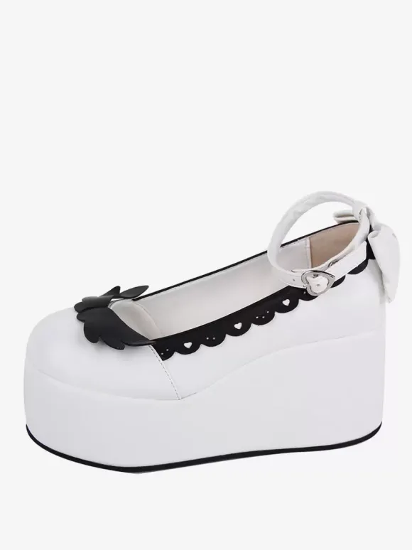 Sweet Lolita Footwear Escarpins Lolita en cuir PU à bout rond et papillon bicolore blanc