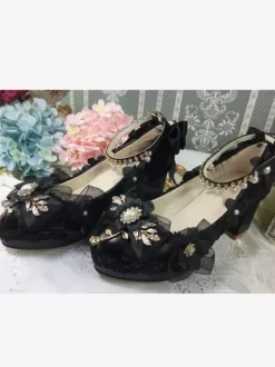 Sweet Lolita Footwear Perles blanches Chaînes N艙uds Bout pointu Escarpins Lolita en cuir PU