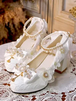 Sweet Lolita Footwear Perles blanches Chaînes N艙uds Bout pointu Escarpins Lolita en cuir PU