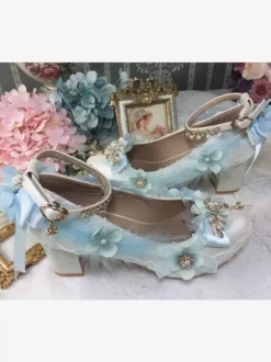Sweet Lolita Footwear Perles blanches Chaînes N艙uds Bout pointu Escarpins Lolita en cuir PU